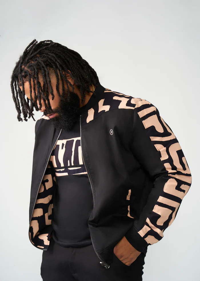thumbnail of medium Ise Mens African Print Reversible Bomber Jacket (Black Tan Geometric)